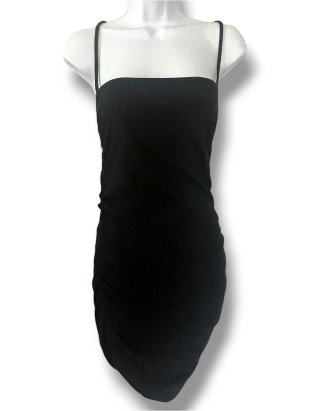Forever 21 Black Ruched Bodycon Midi Dress Strappy Stretch Minimalist Y2K Size L - Picture 8 of 8